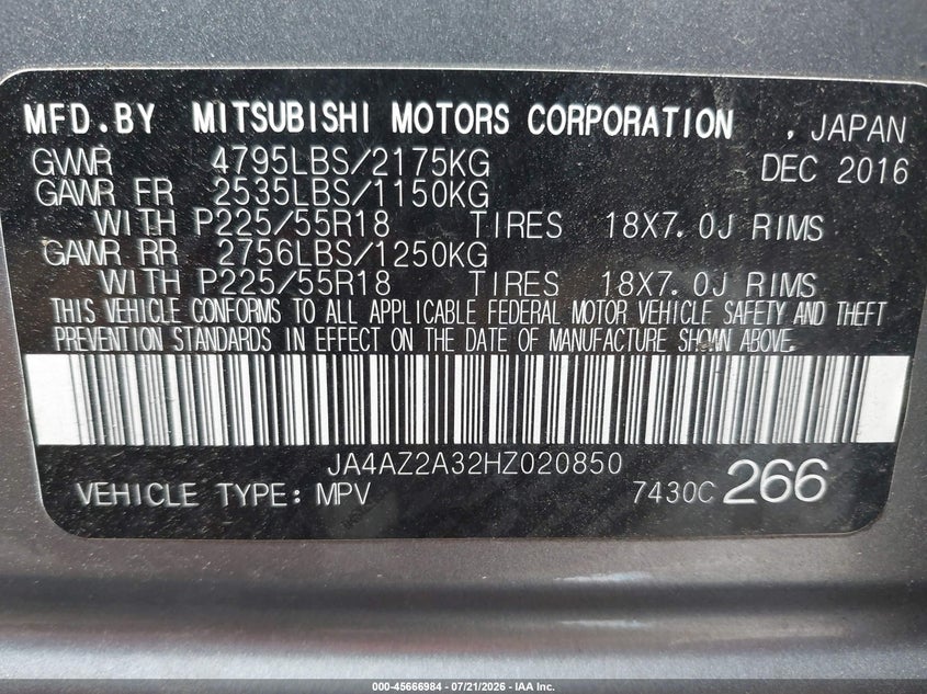 2017 Mitsubishi Outlander VIN JA4AZ2A32HZ020850 IAAI salvage auction — RIGHT REAR, Salvage Title, sold $2,500 on 2026-09-06 (photo 9)