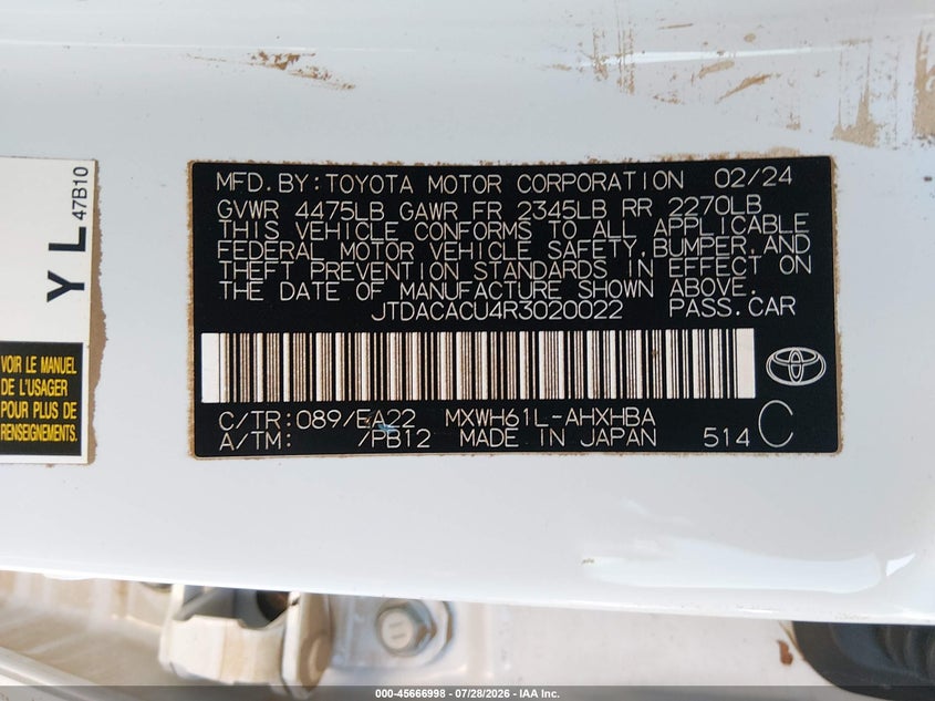 2024 Toyota Prius VIN JTDACACU4R3020022 IAAI salvage auction — WATER/FLOOD, Salvage Title, sold $10,450 on 2026-08-19 (photo 9)