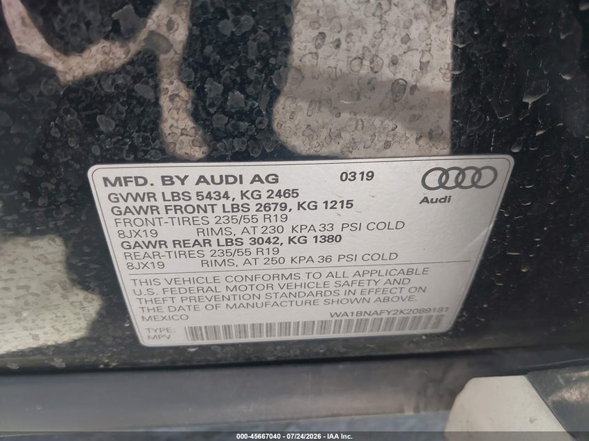 2019 Audi Q5 VIN WA1BNAFY2K2089181 IAAI salvage auction — VANDALISM, Salvage (California), sold $9,000 on 2026-08-03 (photo 9)