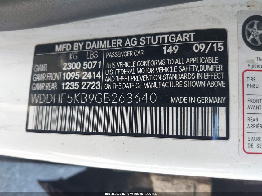 2016 Mercedes-benz E-klasse VIN WDDHF5KB9GB263640 IAAI salvage auction — NORMAL WEAR, Salvage (California), sold $125 on 2026-08-04 (photo 9)