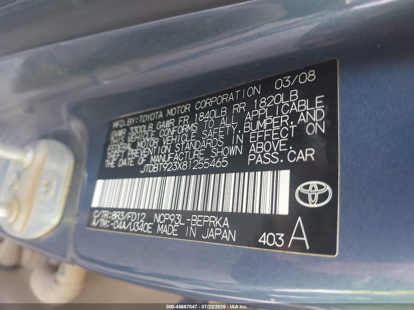 2008 Toyota Yaris VIN JTDBT923X81255465 IAAI salvage auction — NORMAL WEAR, Clear (Colorado), sold $325 on 2026-07-28 (photo 9)