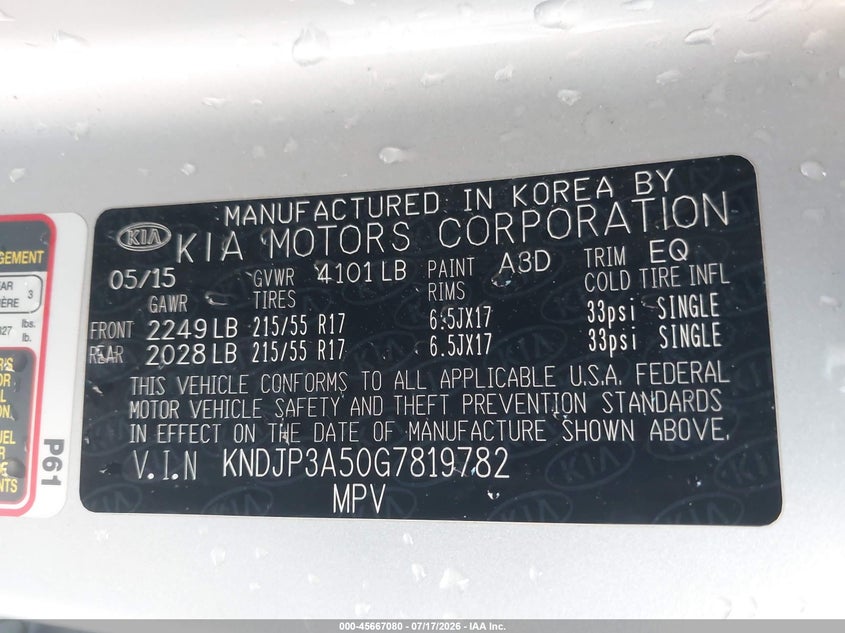 2016 Kia Soul VIN KNDJP3A50G7819782 IAAI salvage auction — SIDE, Salvage Title, sold $925 on 2026-09-23 (photo 9)