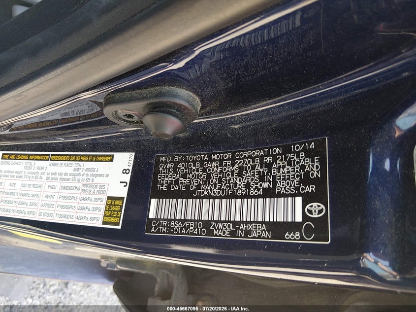 2015 Toyota Prius VIN JTDKN3DU1F1891864 IAAI salvage auction — NORMAL WEAR, Clear (Delaware), sold $825 on 2026-07-27 (photo 9)