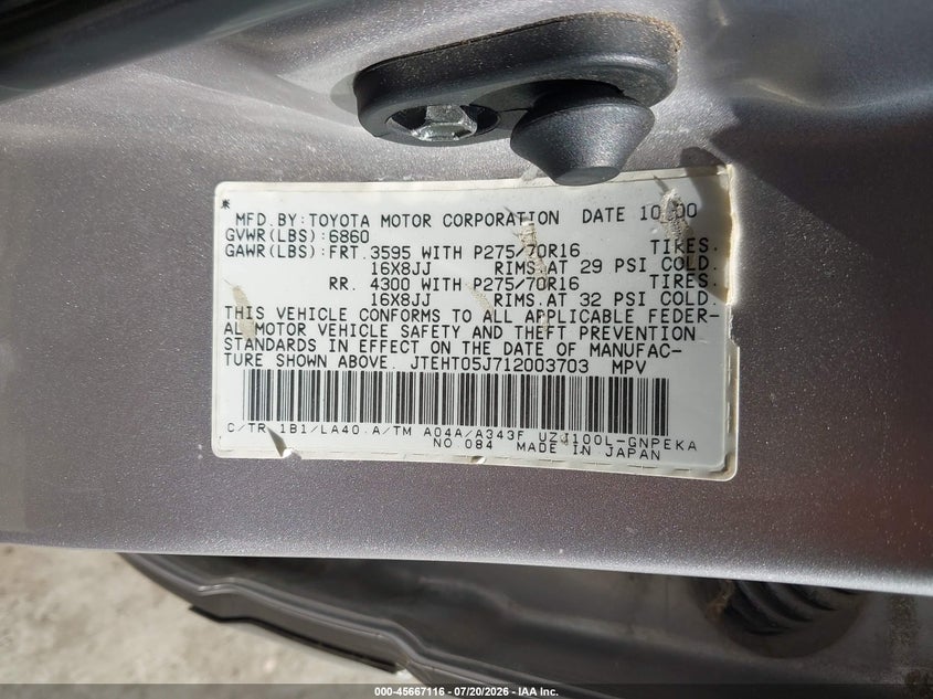 2001 Toyota Land cruiser VIN JTEHT05J712003703 IAAI salvage auction — LEFT REAR, Salvage (California), sold $525 on 2026-07-31 (photo 9)