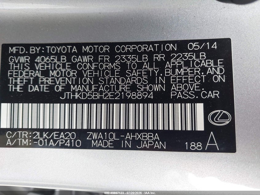 2014 Lexus Ct VIN JTHKD5BH2E2198894 IAAI salvage auction — REAR END, Salvage (California), sold $2,500 on 2026-07-28 (photo 9)