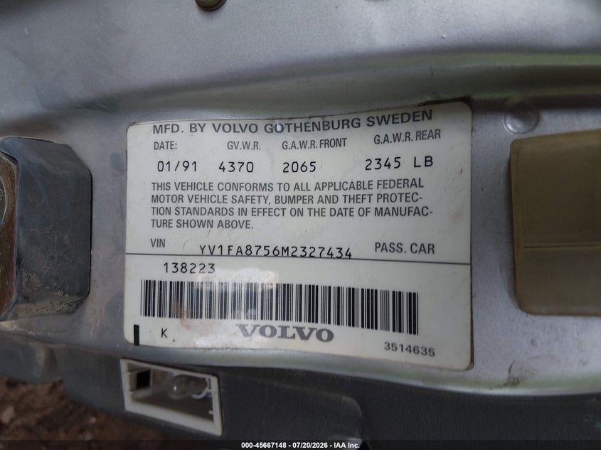 1991 Volvo 740 VIN YV1FA8756M2327434 IAAI salvage auction — NORMAL WEAR, Clear (Arizona), sold $300 on 2026-07-28 (photo 9)