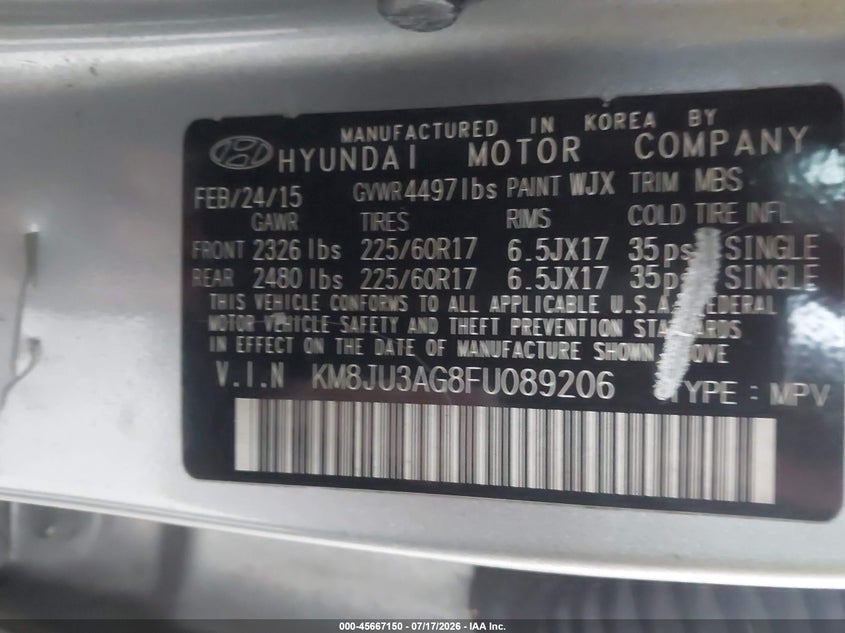 2015 Hyundai Tucson VIN KM8JU3AG8FU089206 IAAI salvage auction — NORMAL WEAR, Clear (Florida), sold $625 on 2026-07-28 (photo 9)