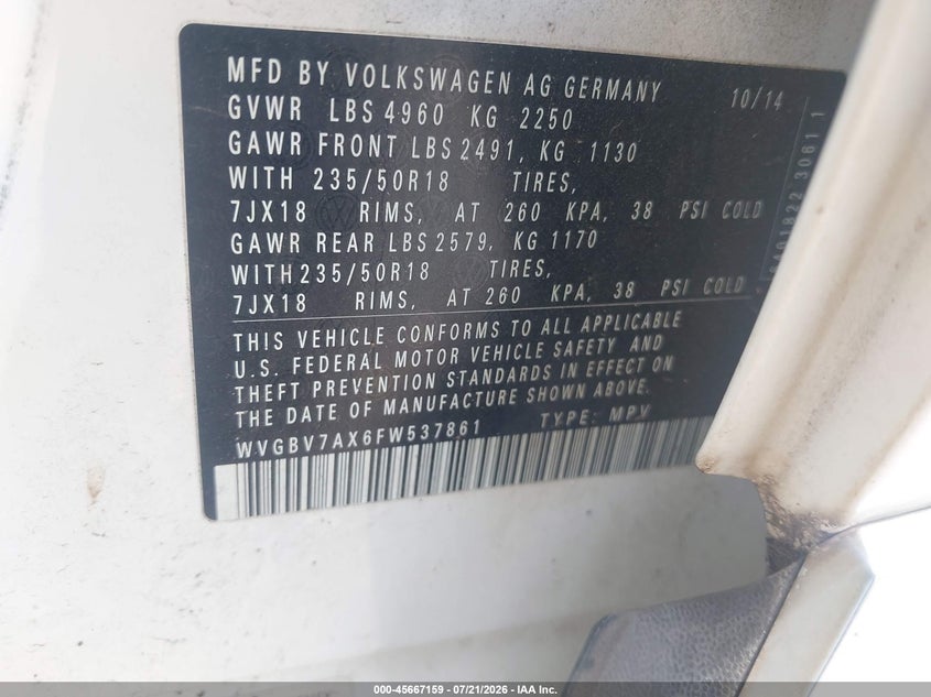 2015 Volkswagen Tiguan VIN WVGBV7AX6FW537861 IAAI salvage auction — FRONT END, Salvage (Georgia), sold $1,600 on 2026-08-19 (photo 9)