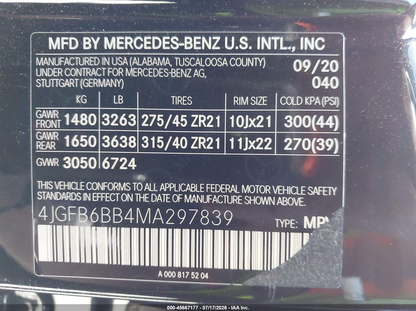 2021 Mercedes-Benz GLE-Class VIN 4JGFB6BB4MA297839 IAAI salvage auction — Rear End, Salvage (California), sold $22,600 on 2026-09-04 (photo 9)