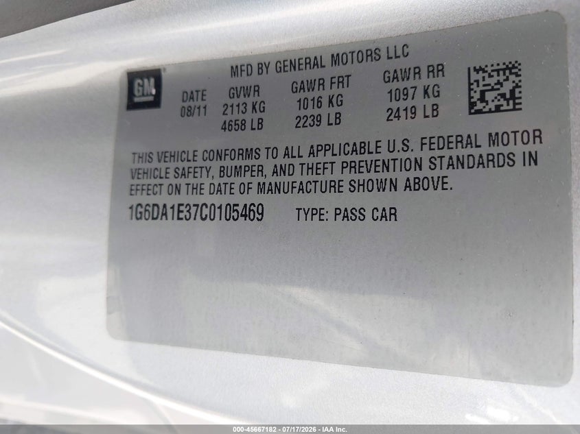 2012 Cadillac Cts VIN 1G6DA1E37C0105469 IAAI salvage auction — FRONT END, Salvage Title, sold $875 on 2026-09-26 (photo 9)
