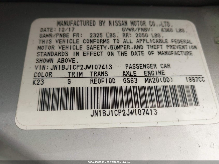 2018 Nissan Rogue VIN JN1BJ1CP2JW107413 IAAI salvage auction — FRONT END, Wait Title, sold $1,000 on 2026-07-31 (photo 9)