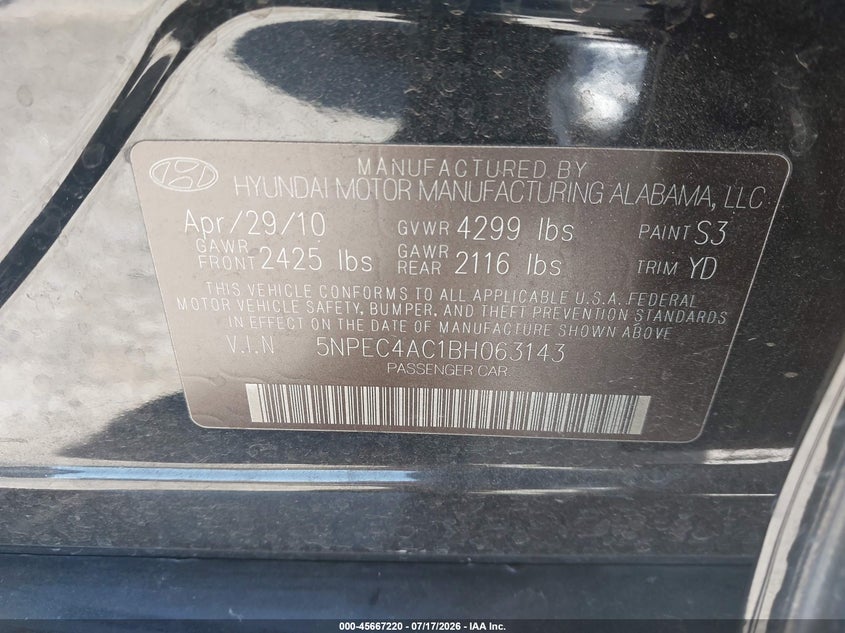 2011 Hyundai Sonata VIN 5NPEC4AC1BH063143 IAAI salvage auction — REAR END, Salvage (California), sold $825 on 2026-08-01 (photo 9)