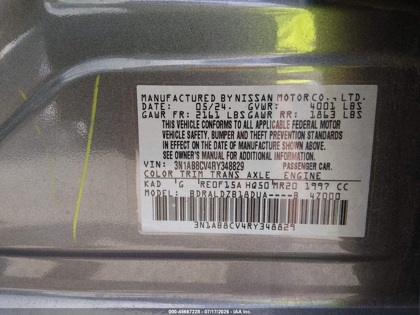 2024 Nissan Sentra VIN 3N1AB8CV4RY348829 IAAI salvage auction — SIDE, Salvage Title, sold $11,650 on 2026-07-22 (photo 9)