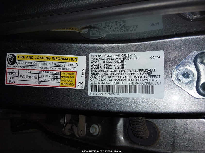 2025 Acura Integra VIN 19UDE4G71SA004702 IAAI salvage auction — REAR END, Salvage (Arizona), sold $11,125 on 2026-08-18 (photo 9)