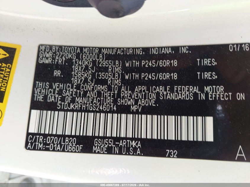 2016 Toyota Highlander VIN 5TDJKRFH1GS246014 IAAI salvage auction — RIGHT SIDE, Salvage Title, sold $3,050 on 2026-07-28 (photo 9)