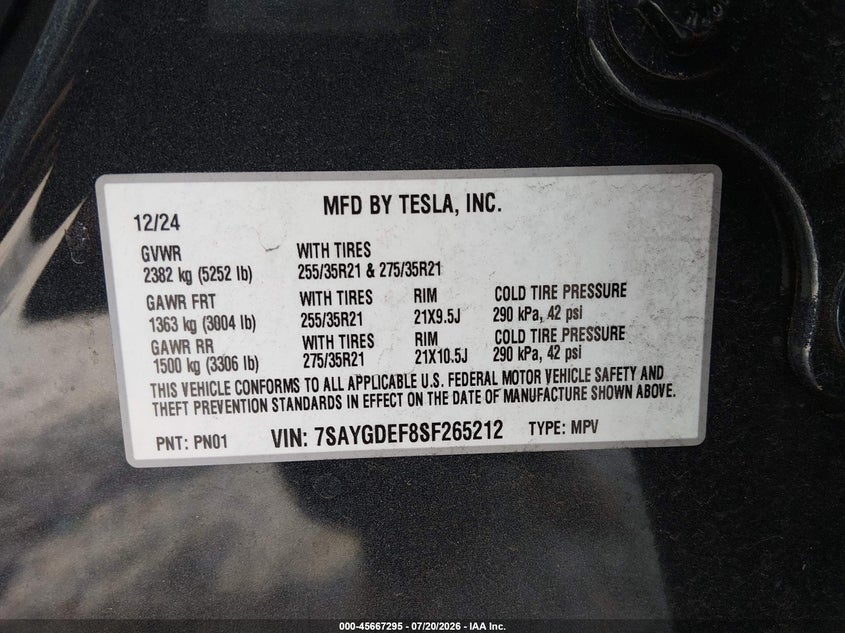 2025 Tesla Model y VIN 7SAYGDEF8SF265212 IAAI salvage auction — REAR END, Wait Title, sold $17,250 on 2026-09-02 (photo 9)