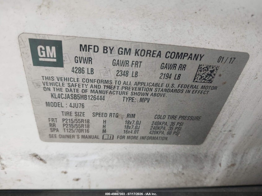 2017 Buick Encore VIN KL4CJASB5HB126444 IAAI salvage auction — NORMAL WEAR, Clear (Florida), sold $25 on 2026-07-22 (photo 9)