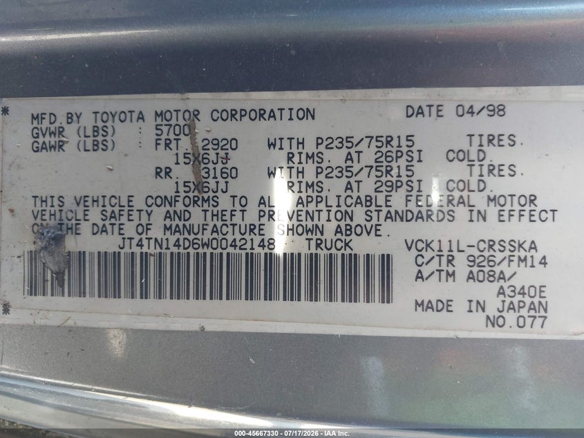 1998 Toyota T100 VIN JT4TN14D6W0042148 IAAI salvage auction — NORMAL WEAR, Clear - Dealer Only (California), sold $25 on 2026-07-29 (photo 9)