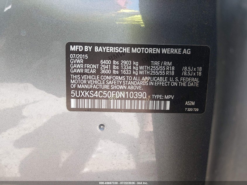 2015 BMW X5 VIN 5UXKS4C50F0N10390 IAAI salvage auction — REAR END, Bill Of Sale (Washington), sold $10,100 on 2026-08-01 (photo 9)