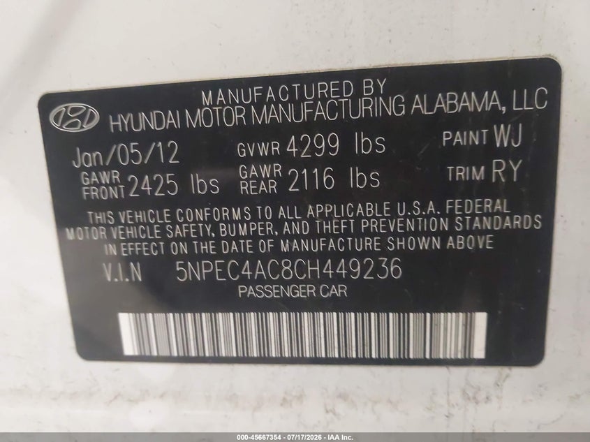 2012 Hyundai Sonata VIN 5NPEC4AC8CH449236 IAAI salvage auction — NORMAL WEAR, Clear (Minnesota), sold $250 on 2026-07-29 (photo 9)