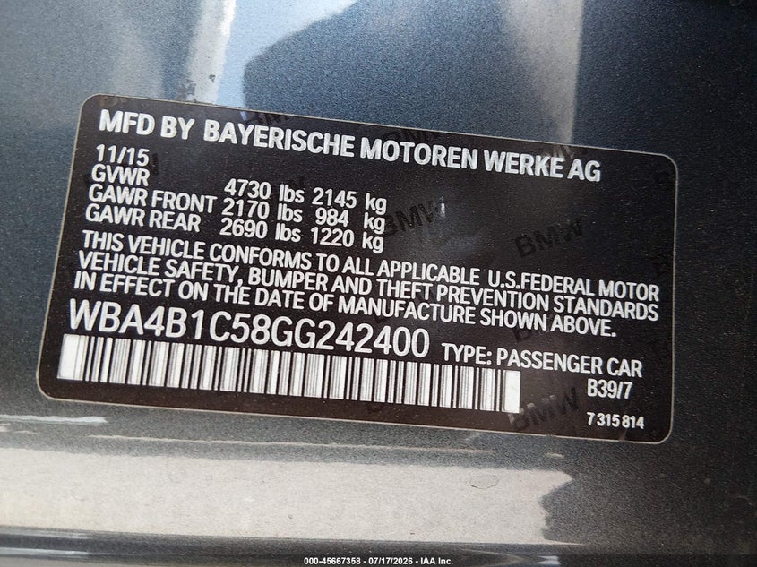 2016 BMW 4er VIN WBA4B1C58GG242400 IAAI salvage auction — FRONT END, Salvage Title, sold $4,225 on 2026-08-10 (photo 9)