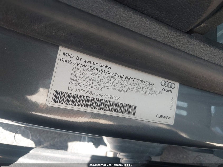 2005 Audi S4 VIN WUARL48H95K902693 IAAI salvage auction — NORMAL WEAR, Clear (Illinois), sold $25 on 2026-07-29 (photo 9)
