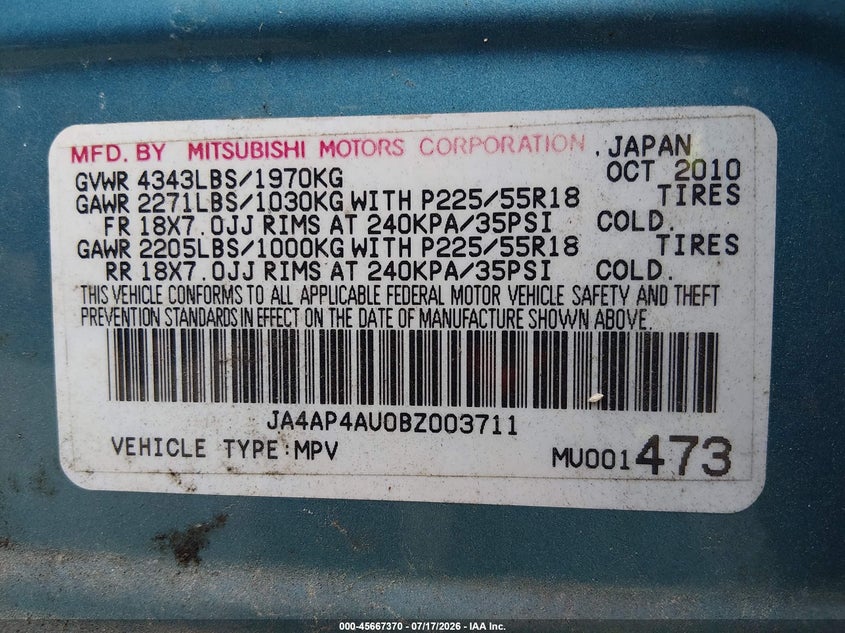 2011 Mitsubishi Outlander sport VIN JA4AP4AU0BZ003711 IAAI salvage auction — NORMAL WEAR, Clear (Virginia), sold $25 on 2026-07-21 (photo 9)