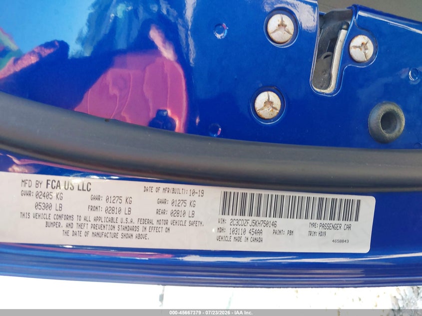 2019 Dodge Challenger VIN 2C3CDZFJ5KH750146 IAAI salvage auction — FRONT & REAR, Wait Title, sold $8,500 on 2026-10-15 (photo 9)