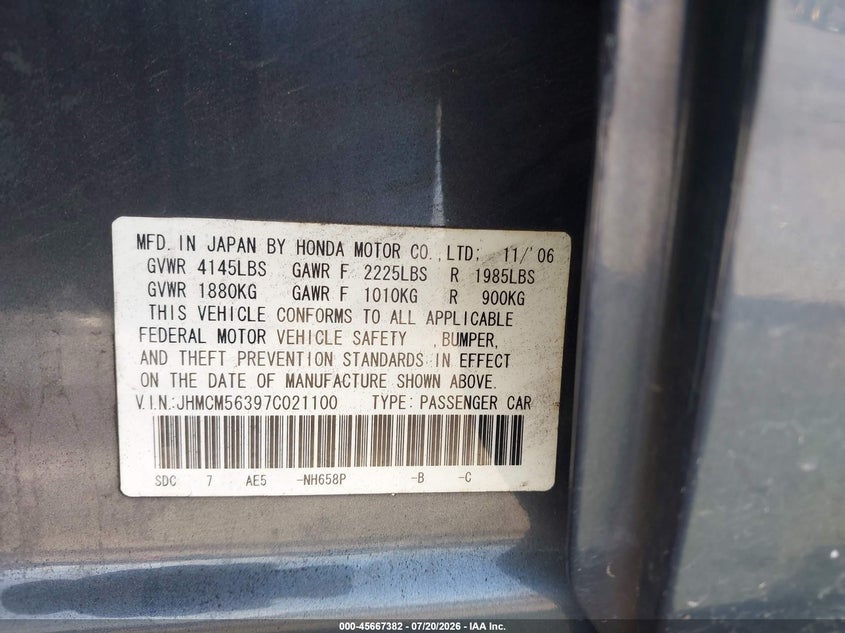 2007 Honda Accord VIN JHMCM56397C021100 IAAI salvage auction — NORMAL WEAR, Clear (Pennsylvania), sold $825 on 2026-07-29 (photo 9)