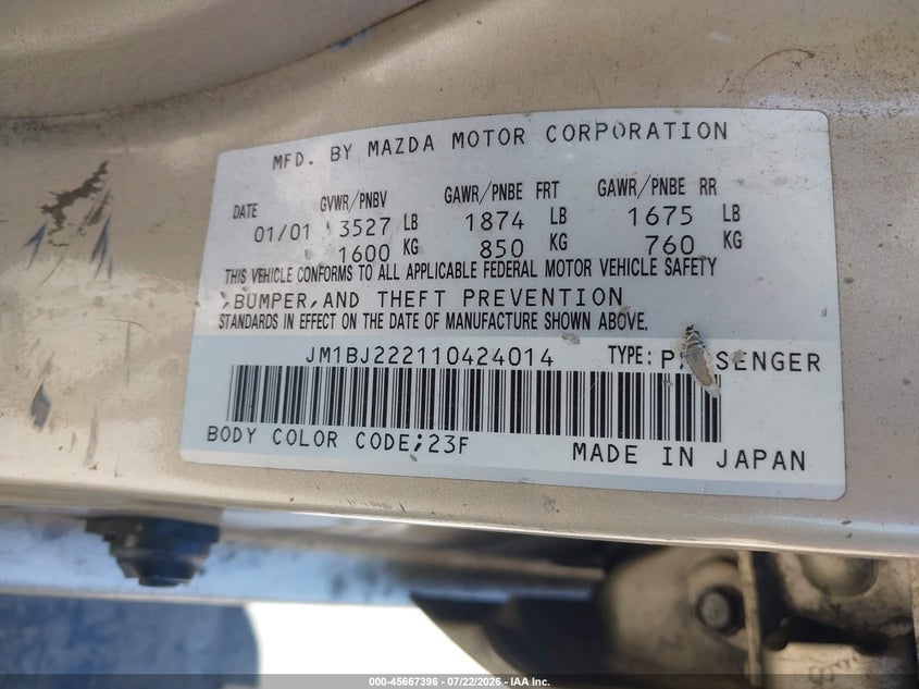 2001 Mazda Protege VIN JM1BJ222110424014 IAAI salvage auction — NORMAL WEAR, Clear - Dealer Only (California), sold $25 on 2026-07-29 (photo 9)