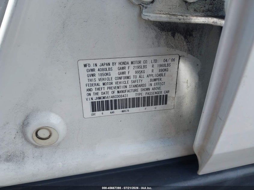 2006 Honda Accord VIN JHMCM56146C008431 IAAI salvage auction — FRONT & REAR, Salvage Certificate (California), sold $500 on 2026-07-31 (photo 9)