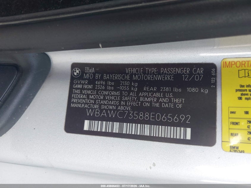 2008 BMW 3 series VIN WBAWC73588E065692 IAAI salvage auction — NORMAL WEAR, Clear (Florida), sold $475 on 2026-07-30 (photo 9)