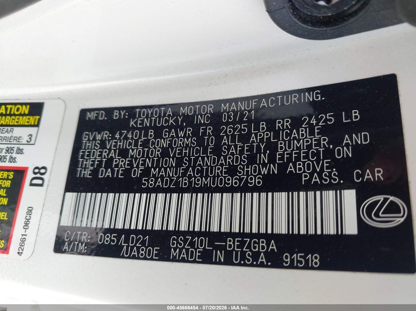 2021 Lexus ES VIN 58ADZ1B19MU096796 IAAI salvage auction — FRONT END, Salvage (California), sold $14,100 on 2026-07-31 (photo 9)