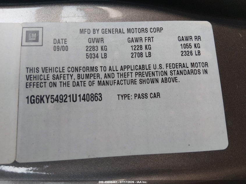 2001 Cadillac Seville VIN 1G6KY54921U140863 IAAI salvage auction — FRONT END, Salvage (Arizona), sold $25 on 2026-07-31 (photo 9)