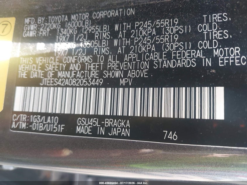 2008 Toyota Highlander VIN JTEES42A082053449 IAAI salvage auction — NORMAL WEAR, Clear (Connecticut), sold $1,300 on 2026-07-23 (photo 9)