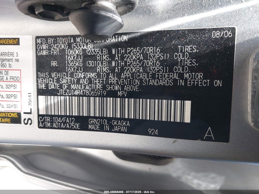 2007 Toyota 4runner VIN JTEZU14R478065919 IAAI salvage auction — REAR END, Salvage (California), sold $3,050 on 2026-07-29 (photo 9)