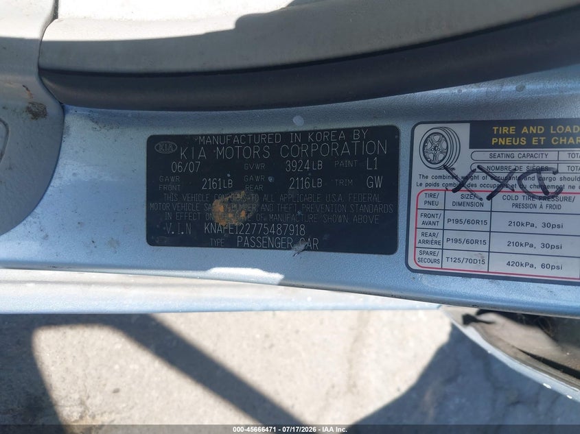 2007 Kia Spectra VIN KNAFE122775487918 IAAI salvage auction — NORMAL WEAR, Clear - Dealer Only (California), sold $550 on 2026-07-28 (photo 9)