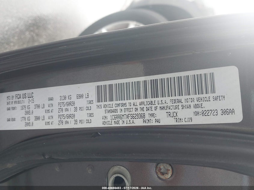 2015 Ram 1500 VIN 1C6RR6MTXFS629368 IAAI salvage auction — NORMAL WEAR, Clear (Florida), sold $5,650 on 2026-07-27 (photo 9)