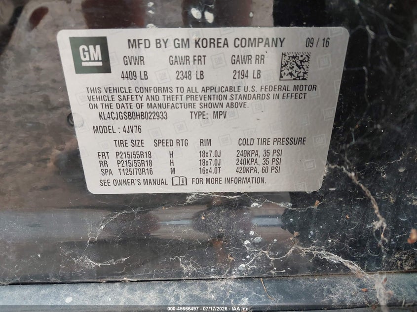 2017 Buick Encore VIN KL4CJGSB0HB022933 IAAI salvage auction — NORMAL WEAR, Clear (Illinois), sold $2,400 on 2026-07-22 (photo 9)