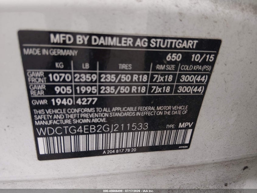 2016 Mercedes-benz Gla-klasse VIN WDCTG4EB2GJ211533 IAAI salvage auction — FRONT END, Salvage Title, sold $7,000 on 2026-09-02 (photo 9)