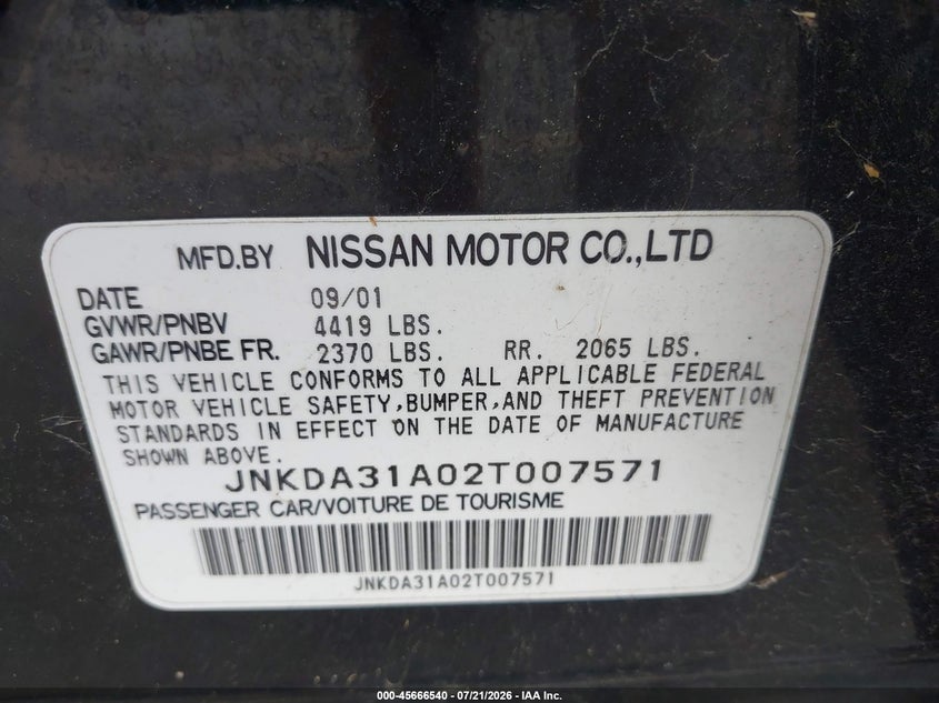 2002 Infiniti I35 VIN JNKDA31A02T007571 IAAI salvage auction — NORMAL WEAR, Clear (Utah), sold $275 on 2026-07-23 (photo 9)