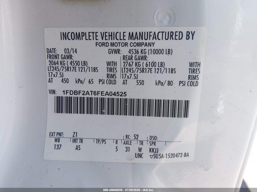 2015 Ford F-250 VIN 1FDBF2AT6FEA04525 IAAI salvage auction — NORMAL WEAR, Sf97 (Nevada), sold $9,100 on 2026-07-30 (photo 9)