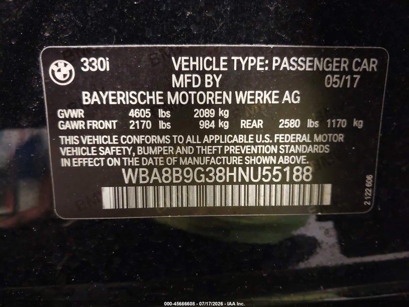 2017 BMW 3er VIN WBA8B9G38HNU55188 IAAI salvage auction — SIDE, Salvage Title, sold $6,100 on 2026-08-19 (photo 9)
