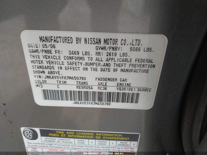 2007 Infiniti M35 VIN JNKAY01FX7M450790 IAAI salvage auction — FRONT END, Mv-907A (New York), sold $25 on 2026-07-28 (photo 9)