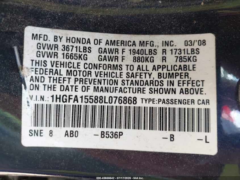 2008 Honda Civic VIN 1HGFA15588L076868 IAAI salvage auction — NORMAL WEAR, Clear (North Carolina), sold $25 on 2026-07-24 (photo 9)