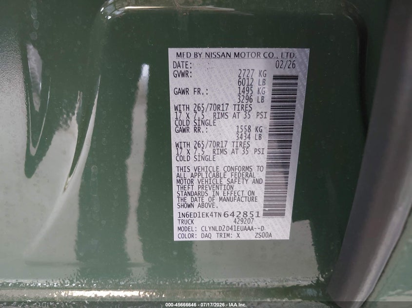 2026 Nissan Navara (frontier) VIN 1N6ED1EK4TN642851 IAAI salvage auction — REAR END, Salvage Title, sold $13,200 on 2026-08-19 (photo 9)