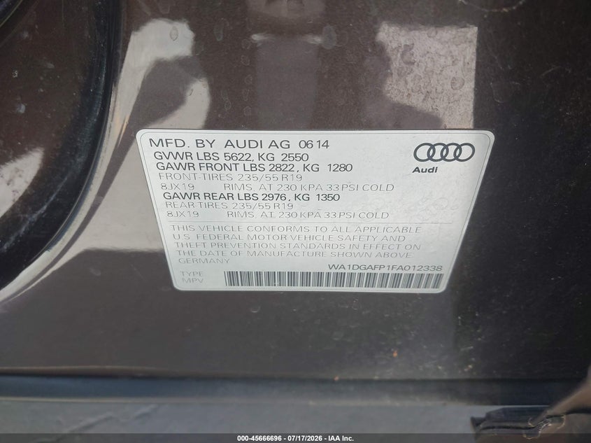 2015 Audi Q5 VIN WA1DGAFP1FA012338 IAAI salvage auction — NORMAL WEAR, Clear - Dealer Only (California), sold $775 on 2026-07-29 (photo 9)