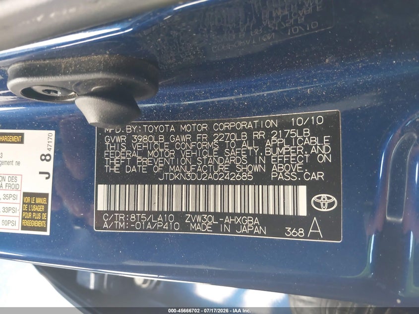 2010 Toyota Prius VIN JTDKN3DU2A0242685 IAAI salvage auction — FRONT & REAR, Salvage (California), sold $1,200 on 2026-07-29 (photo 9)