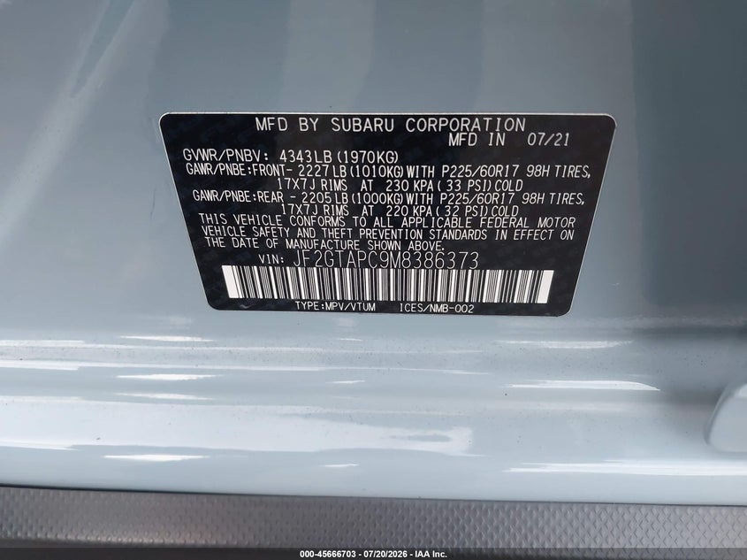 2021 Subaru Xv VIN JF2GTAPC9M8386373 IAAI salvage auction — RIGHT FRONT, Salvage Certificate (California), sold $1,450 on 2026-07-29 (photo 9)