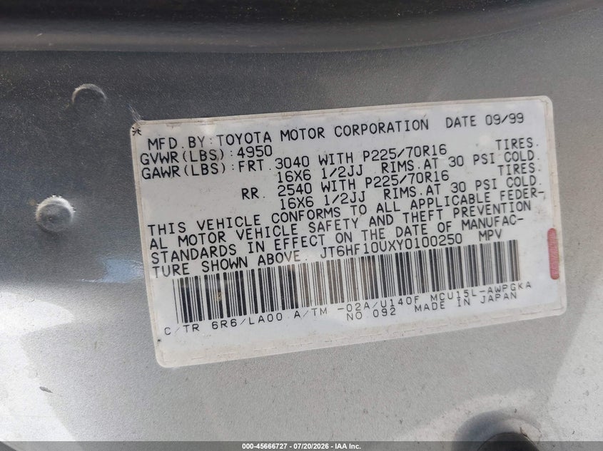 2000 Lexus Rx 300 VIN JT6HF10UXY0100250 IAAI salvage auction — NORMAL WEAR, Clear - Dealer Only (California), sold $400 on 2026-07-29 (photo 9)
